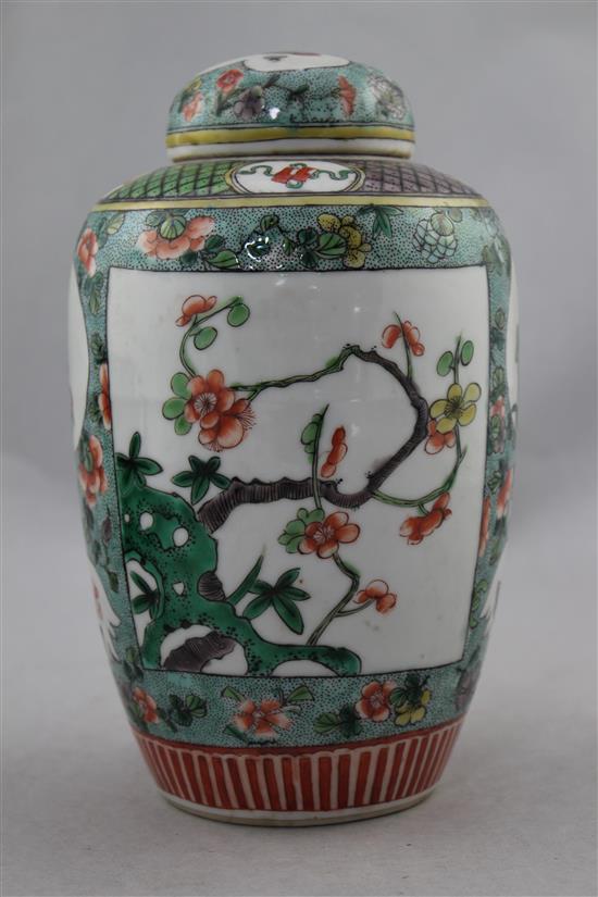 A Chinese famille verte ovoid jar and cover, late 19th century, 21cm.